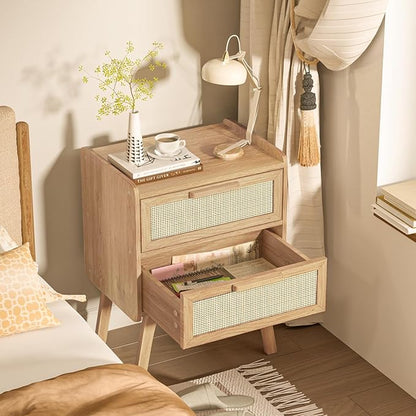 Lerliuo Rattan Nightstands Set of 2, Boho Night Stand with 2 Drawers, Cane Accent Side End Table, Bedside Table with Solid Wood Legs for Bedroom, Dorm and Small Spaces (Natural)