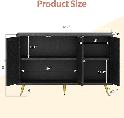 Shintenchi Large Rattan Storage Cabinet, Modern Sideboard Cabinet, Accent Large Storage Space Cabinet with Rattan Decorated Doors for Living Room, Dining Room, Black
