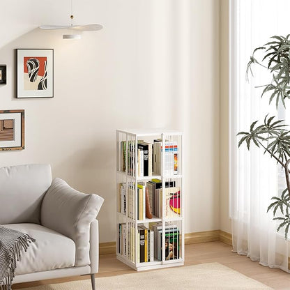 Square Rotating Bookshelf Tower - 360 Spinning Display Corner Bookcase for Narrow Space, Modern 3-Tier Revolving Storage Shelf, White