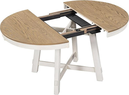 Farmhouse Style Expandable Round to Oval Dining Table with 16" Removable Leaf, Solid Wood Extendable Tabletop with Cross Trestle Legs, Space-Saving Kitchen-Tables for Home Apartment Restaurant