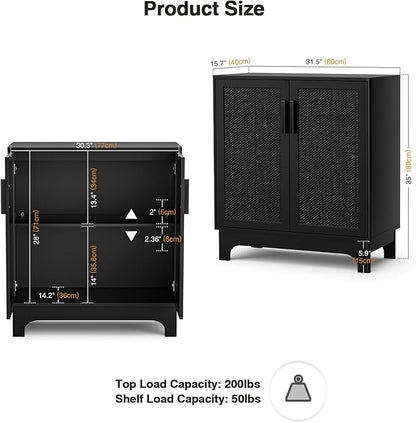 Black Rattan Cabinet, Natural Rattan Storage Cabinet with 2 Doors Adjustable Shelf Large Space Entryway Hallway Sideboard Buffet for Living Room Kitchen