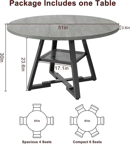 51" Round Dining Table for 6,Kitchen Dining Room Circle Dinner Pedestal Table,Space Saving Wood Kitchen & Dining Room Furniture (Grey, 51In)