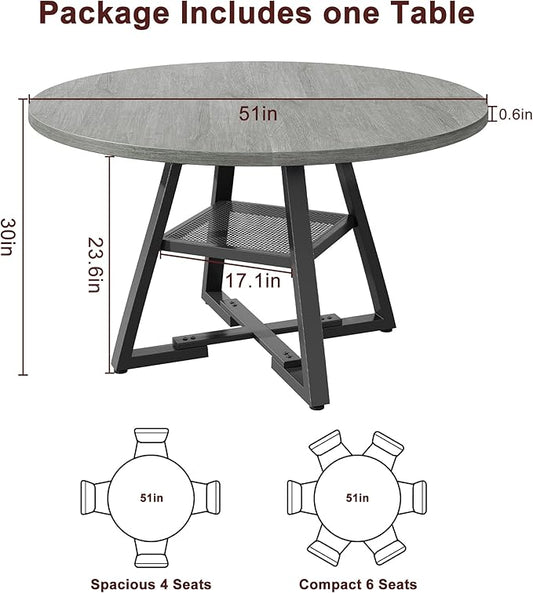 51" Round Dining Table for 6,Kitchen Dining Room Circle Dinner Pedestal Table,Space Saving Wood Kitchen & Dining Room Furniture (Grey, 51In)