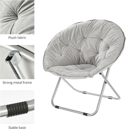 mDesign Urban Papasan Folding Moon Chair - Large Saucer UFO Chair with Collapsible Metal Frame - Fuzzy Foldable Dish Seat for Home Office, Living Room, Dorm Room, and Bedroom - Gray/Silver