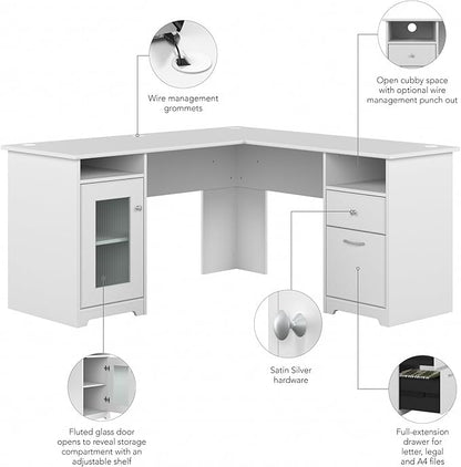Bush Furniture Cabot L Shaped Computer Desk in White | Corner Table with Drawers and Storage for Personal Home Office Workspace