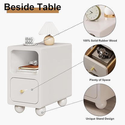 Solid Wood Night Stand, Narrow Nightstand with Drawers, White Mid Century Modern Nightstand, Small Beside Table with Open Storage Shelf for Bedroom (10 inch)