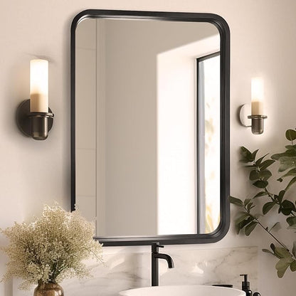 WallBeyond 24x36 Inch Wood Mirror for Bathroom, Wooden Frame Wall Mirror Farmhouse Wall Mounted Rectangle Mirror for Vanity (Horizontal/Vertical Black Color)