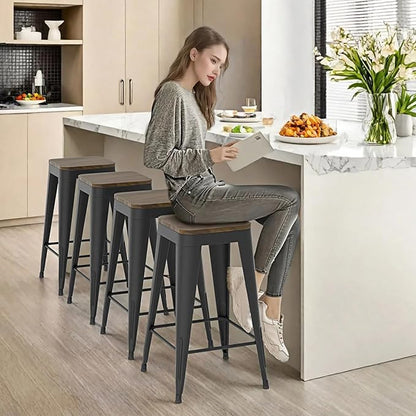 24 inch Backless Bar Stools Set of 4, Indoor Metal Bar Stools with Wood Seat, Industrial Counter Height Barstools for Kitchen Island, Black