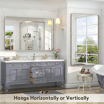 48x36 Inch Brushed Nickel Bathroom Mirror, Brushed Silver Metal Framed Wall Mirror, Rounded Corner Rectangle Modern Vanity Mirror, Tempered Glass, Anti-Rust, Shatterproof (Horizontal/Vertical)