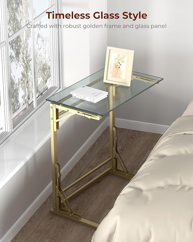 Tatub 24" Folding TV Tray Table, Glass C Shaped End Table for Couch, Small Sofa-Side Laptop Desk with Gold Metal Frame for Living Room, Bedroom, Bedside