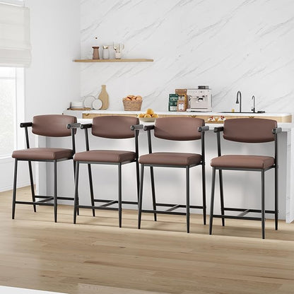 GarveeHome Counter Height Bar Stools of 4 with Armrests, 4 Piece Counter Height Bar Stools Set with Back, Upholstered Seat & Metal Footrest for Kitchen Islands, Counter Bars, Retro Brown