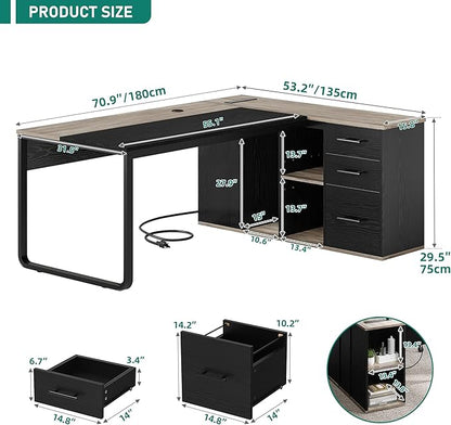 YITAHOME Executive Desk with Power Outlets, 71" L Shaped Desk with File Cabinet, Executive Desk with Drawers & Storage Shelves, Corner Office Desk with Bookshelf for Home Office, Grey & Black