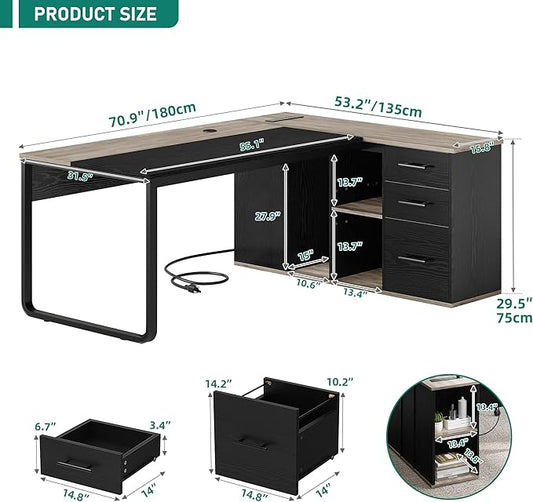 YITAHOME Executive Desk with Power Outlets, 71" L Shaped Desk with File Cabinet, Executive Desk with Drawers & Storage Shelves, Corner Office Desk with Bookshelf for Home Office, Grey & Black