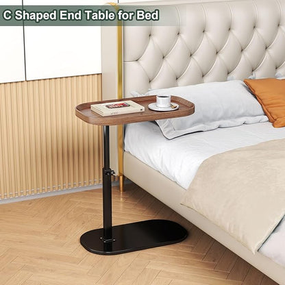 C Shaped Side Table Adjustable Height, 360°Swivel C Shaped End Table, Couch Side Tables That Slide Under, Small Coffee C Table End Table for Sofa/Bed/Bathtub, Rotating Elevate Tabletop (walnut)