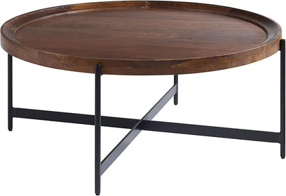 Brookline Solid Acacia Wood 42-Inch Round Coffee Table with Black Powder-Coated Metal Legs – Rustic Industrial Modern Farmhouse Living Room Furniture by Alaterre