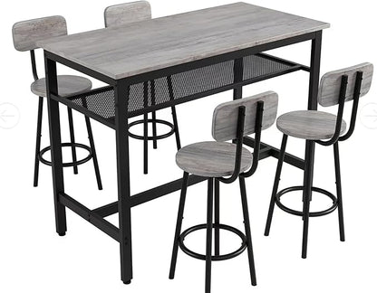 5-Piece Bar Table and Chairs Set, 43.3'' Pub Table Set Modern Small Table and Chairs Set of 4 for Breakfast Nook Living Room Small Space Restaurant, Grey