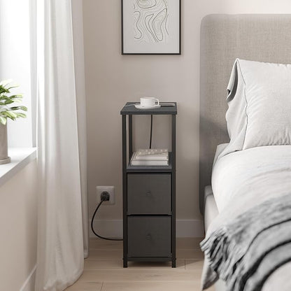 TUTOTAK Small Narrow LED End Table with Charging Station, Side Table Outlets, Nightstand with 2 Cloth Drawers, Set of 2, Couch Table, for Living Room, Bedroom, Bedside, Black TB01BK056