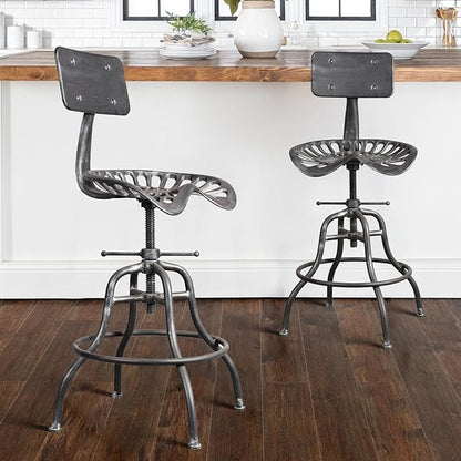Diwhy Industrial Design Metal Adjustable Height Backrest Chair Vintage Tractor Saddle Bar Stool (Silver)