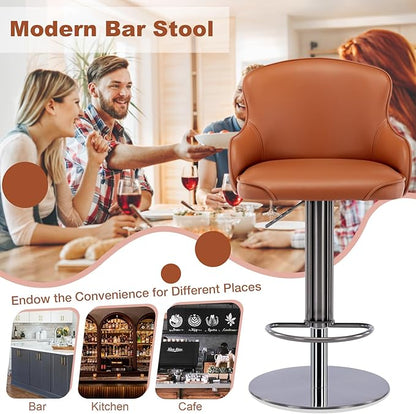 CozyRain Bar Stools Adjustable Stainless Steel Swivel Barstool with Back and Footrest,Modern Leather Upholstered Bar Chairs for Home,Kitchen,Bar, Counter Orange/Grey (2pcs Brown)