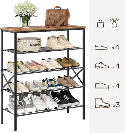 5-Tier Shoe Rack, Shoe Storage for Entryway and Closet, Free Standing Shoe Organizer with Metal Mesh Shelves, 16-20 Pairs of Shoes, Rustic Brown and Black SS05BR
