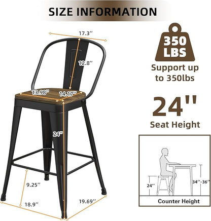 Metal Bar Stools Set of 4, High Back Bar Stools with Wooden Seat, 24 inch Black Barstools for Kitchen Island
