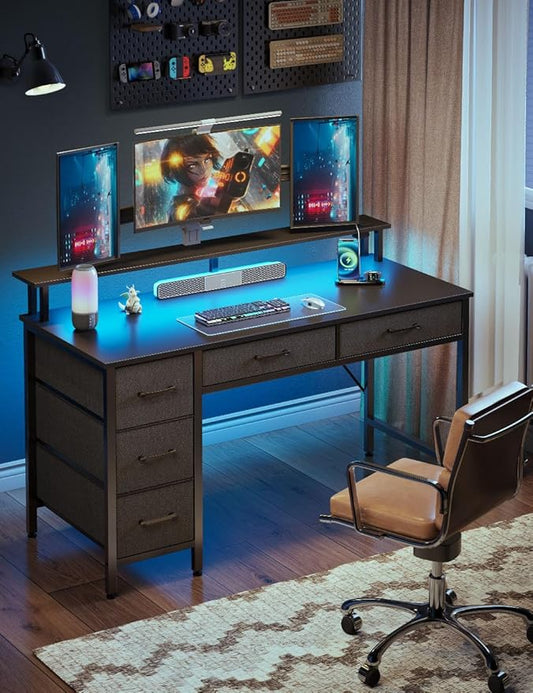 Seventable Computer Desk with Power Outlets & LED Light, 39 inch Home Office Desk with 5 Drawers, Writing Desk with Monitor Stand,Work Desk for Home Office, Black