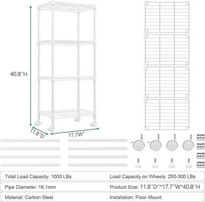 1000 lbs 4-Shelf Adjustable Heavy Duty Steel Wire Rack, Adjustable Storage Shelving Unit with Wheel for Kitchen, Garage, Laundry White 11.8" D x 17.7" W x 40.8" H