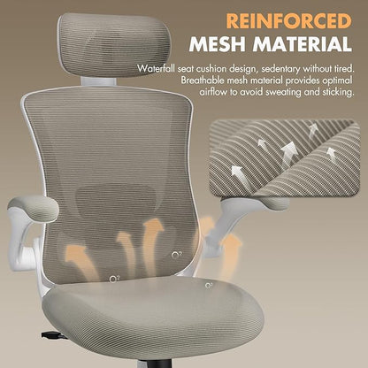 Ergonomic Office Chair with Adjustable Lumbar Support & Headrest, High Back Mesh Desk Chair with Flip-Up Armrests, Breathable & Comfortable Computer Chair for Home, Office & Study –Khaki
