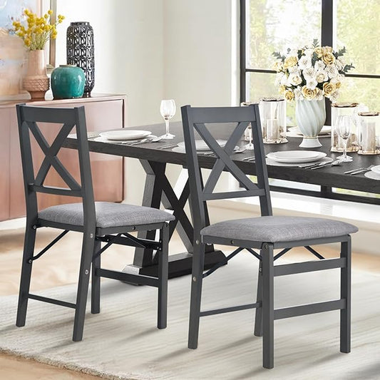 COLAMY Folding Dining Chairs Set of 2 – Dark Grey Upholstered Dining Room Chairs with Wooden Frame, Pre-Assembled, Space Saving Modern Kitchen & Dining Room Furniture for Small Spaces