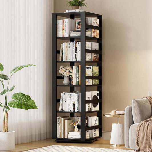 Homykic Rotating Bookshelf, Bamboo 360 Display Spinning Bookshelf Tower, 5-Tier Small Corner Bookcase for Small Spaces, Narrow Revolving Book Shelf Organizer Rack for Home Office, Black