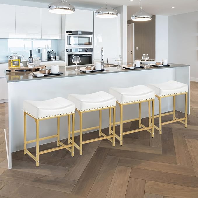 Bar Stools Set of 4 Counter Height, 24" Modern Off White & Gold Counter Stools Set of 4, Stools for Kitchen Counter, Modern Barstools Saddle Stool Backless Island(Off White+Gold)