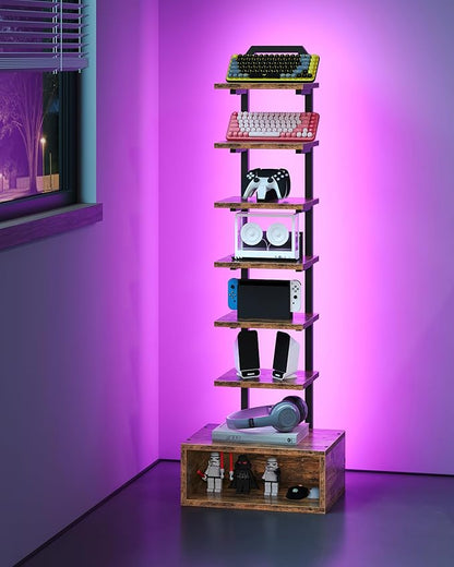 8-Tier Bookshelf, LED Bookcase with Semi-Open Bottom, Small Space Standing Shelf with Lights, Corner Storage Stand, for Living Room, Home Office, Bedroom, Rustic Brown TSJ08DBF
