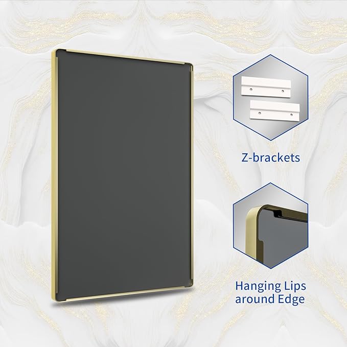 WEER Gold Bathroom Mirror, 48X32 Inch Brushed Gold Metal Frame Mirror, Rounded Rectangle Gold Bathroom Vanity Mirror for Wall, Tempered Glass, Anti-Rust, Hangs Horizontally or Vertically
