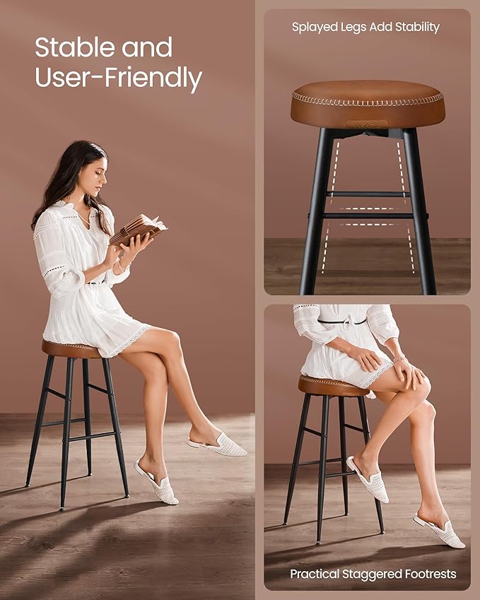 VASAGLE EKHO Collection - Bar Stools Set of 2, Bar Height Bar Stools, Kitchen Counter Stools, Mid-Century Modern Backless Counter Stools, 30-Inch Tall, Kitchen Island Home Bar, Caramel Brown