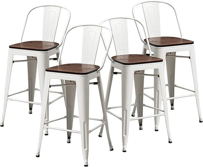 Changjie Furniture 30 Inches Metal Barstools Set of 4 Counter Height Bar Stools Industrial Stools with Backs High Back Chairs for Kitchen Island (30 Inch, White)