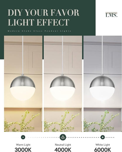 LMS 6-inch Brushed Nickel Pendant Light, Mid Century Kitchen Island Pendant Light Fixtures with White Globe Glass, Adjustable Hanging Light for Dining Room Bedroom Bathroom, LMS-186BNS