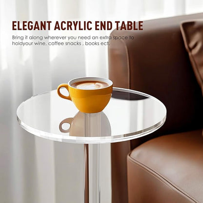 9.8" Round Clear Acrylic End Table - Modern Small Space Side Table for Living Room, Bedroom, Office, Outdoor | Sturdy, Easy to Install, Multi-Purpose