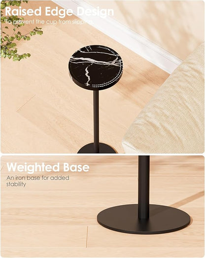Drink Table, Small Pedestal Side Table, Round Cocktail Table, Circle Accent End Table with Metal Base, for Small Spaces (1, Black Marble)