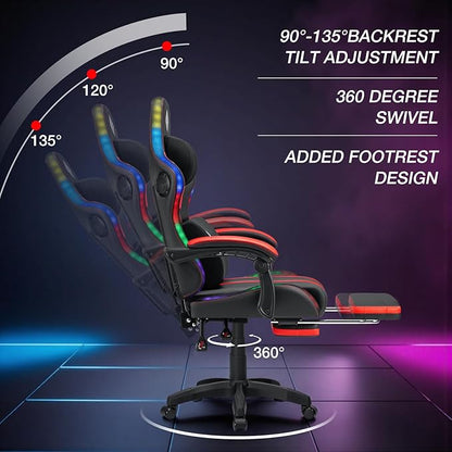 HOFFREE Gaming Chair with Music Rhythm RGB LED Lights and Bluetooth Speakers Ergonomic Massage Computer Gaming Chair with Footrest Video Game Chair High Back with Lumbar Support Red and Black