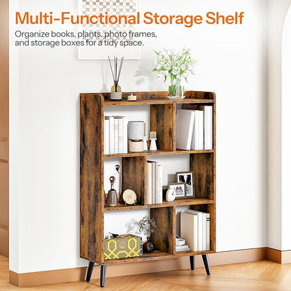 HOOBRO 6 Cube Bookshelf, 4 Tier Bookcase with Legs, Mid-Century Modern Bookshelves, Large Open Storage Shelf, Wooden Book Case for Living Room, Bedroom, Office, Kitchen, Rustic Brown FG116SJ01