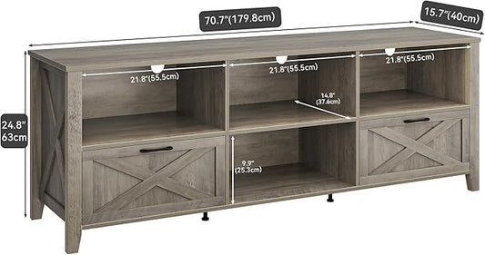 YITAHOME 70 Inch Farmhouse TV Stand with LED Lighting, Fits TVs up to 80 Inches, Media Console with Storage and Customizable Divider, Entertainment Center for Living Room (Grey)