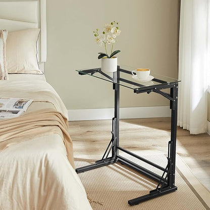 Tatub 24" Folding C Shaped End Table, Small Tempered Glass Side Table for Couch or Bed, Foldable TV Tray Laptop Desk with Black Metal Frame