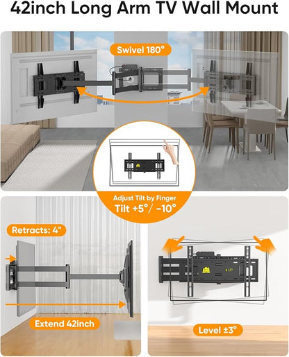 FORGING MOUNT 42 inch Long Arm TV Wall Mount with Power Strip, Full Motion Long Extension Articulating Corner TV Mount for 37 to 80 Inch Flat/Curve TVs, MAX VESA 600x400mm, Holds up to 110 lbs