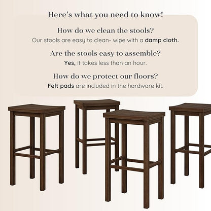 Grain & Grove Smith Collection Set of 4 Solid Wood Bar Stools, 30 inch Saddle-Seat Bar Chairs, Backless, Heavy-Duty Construction, Footrest Support, for Kitchen Islands, Home Bars, and Counters, Walnut