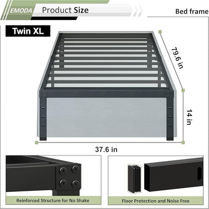 EMODA 14 Inch Twin XL Bed Frames with Cover, Heavy Duty XL Twin Metal Platform Bed Frame No Box Spring Needed, Noise Free, Easy Assembly