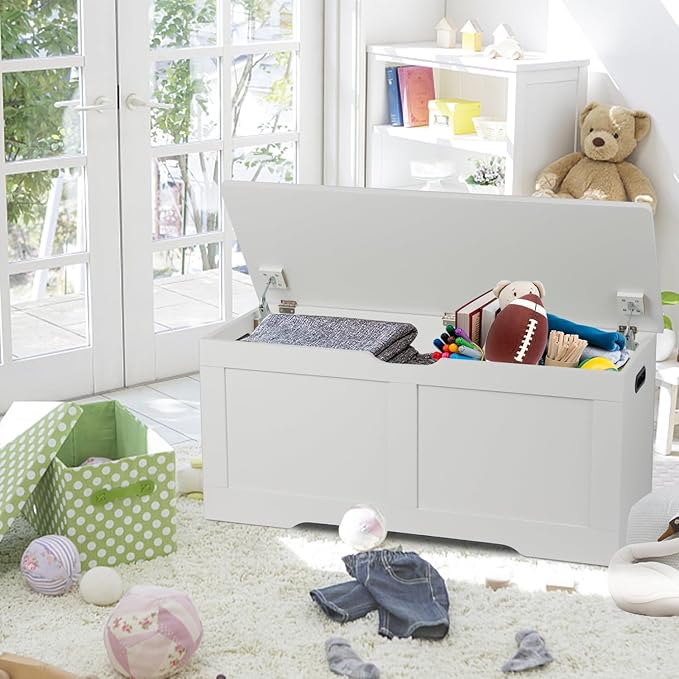 39.4" Storage Chest, Wooden Storage Bench, Lift Top Toy Chest with 2 Safety Hinges, Large Toy Box, Entryway Bench for Living Room, Bedroom, White