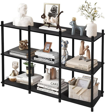 YGYQZ Short Book Shelf - 3 Tier Open Back Long Horizontal Wood Bookcase, 6 Cube Storage Shelf for Office Living Room Bedroom, Modern Black
