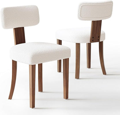 Farmhouse Chair Set of 2, Mid Century Modern Dining Chairs, Sherpa Upholstered Kitchen Chairs with Curved Backrest & Adjustable Legs for Living Room/Bedroom, Easy to Install, White Sherpa