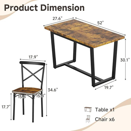 7-Piece Dining Table with Chairs Set, Rectangular Metal Frame Table with 6 Chairs, Modern Table Furniture Set for Kitchen, Dining Room and Living Room, Brown