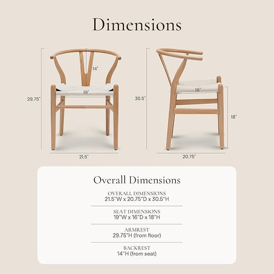 POLY & BARK Weave Dining Chairs – Mid-Century Modern Wishbone Dining Chairs with Arms, Solid Wood Frame, Indoor Use – Natural – Set of 2 - Ideal for Dining Room, Kitchen or Stylish Accent Setting